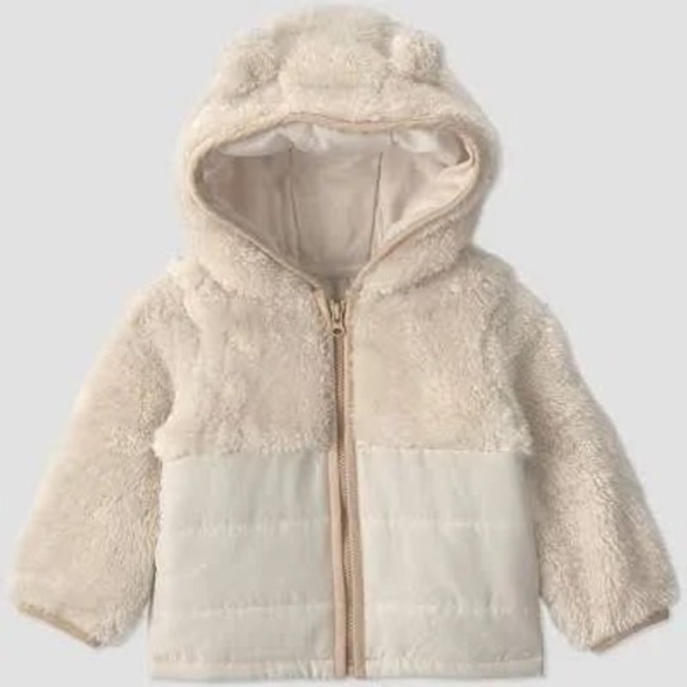 Carters Just One You Kids Cream Faux Fur Quilted Hooded Puffer Jacket 18M NEW